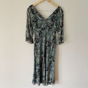 Valerie Stevens Y2K Silk Paisley V-Neck Babydoll Midi Bell Sleeve Dress Size 12